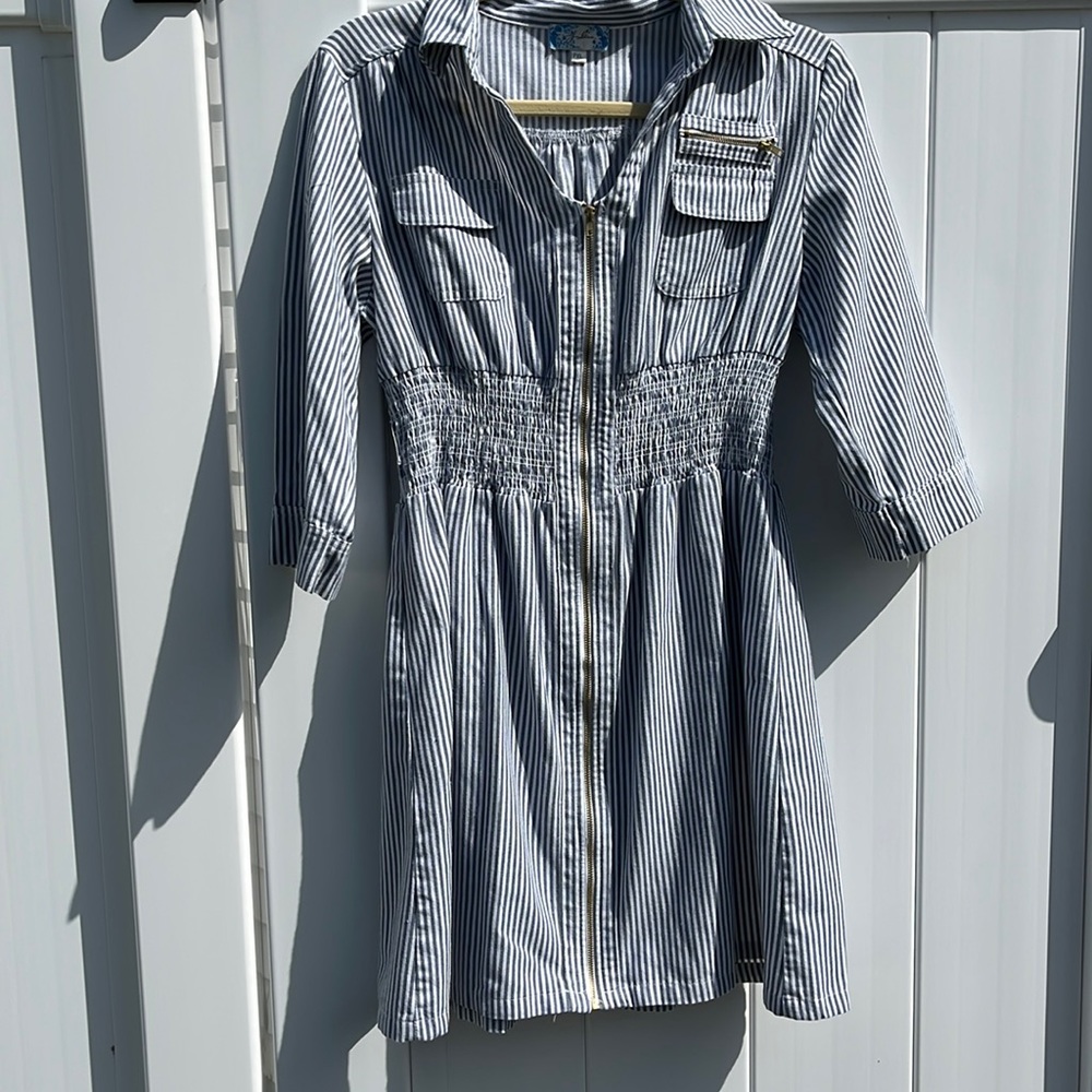 Blue & White Striped cotton zipper dress Size Medium Petite